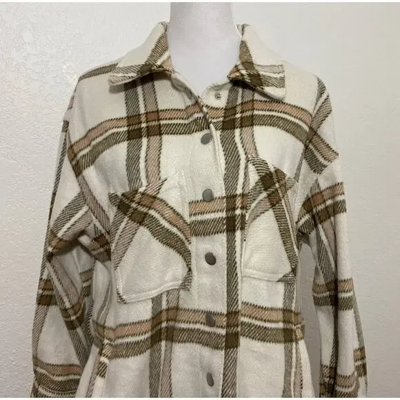 Eloquii Elements Size 14/16 Cream Tan Plaid Wool Blend Shacket with Belt Pocket - Picture 3 of 13
